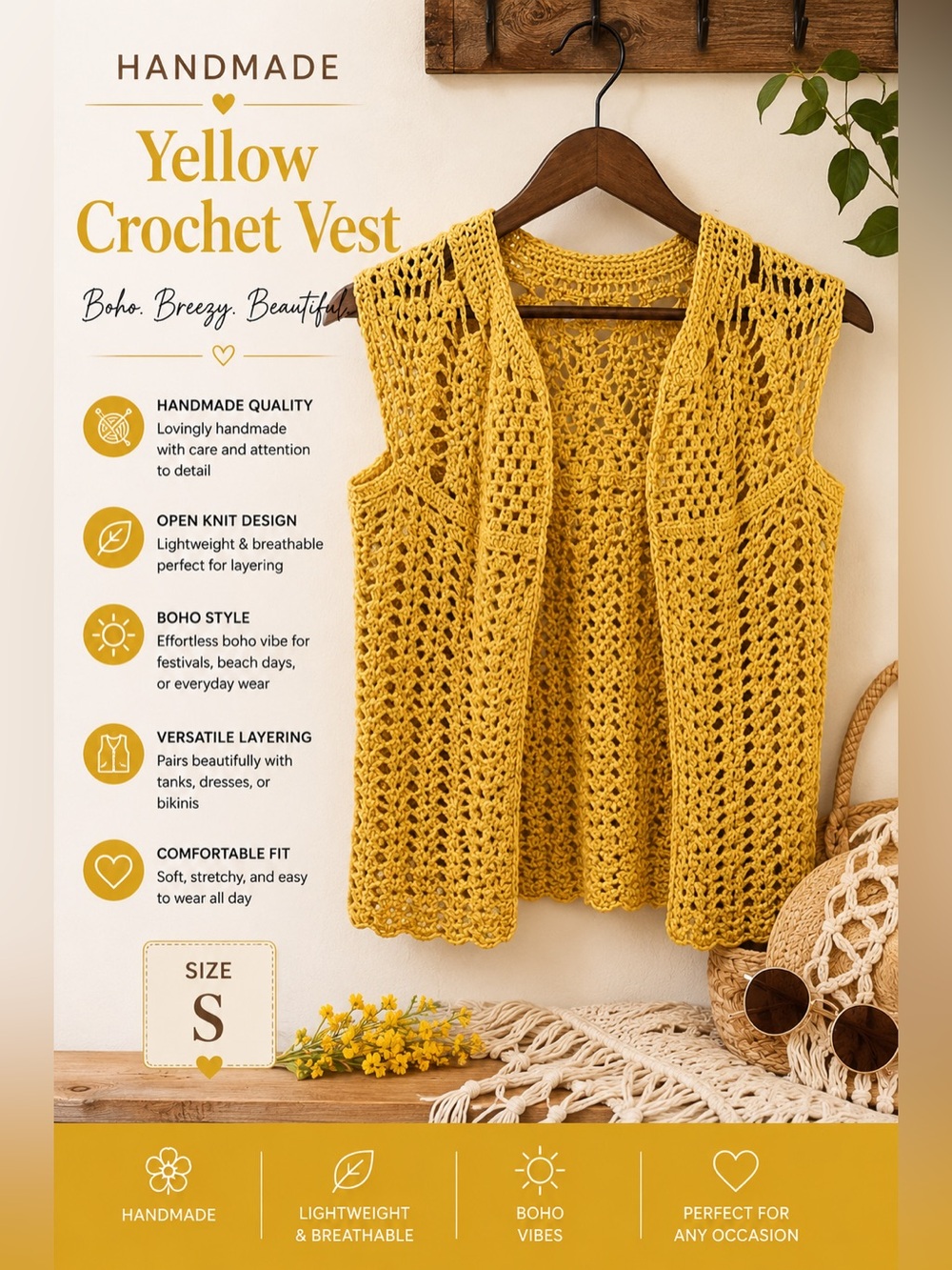 Handmade Yellow Crochet Vest Size S Boho Open Knit Festival Layering Piece